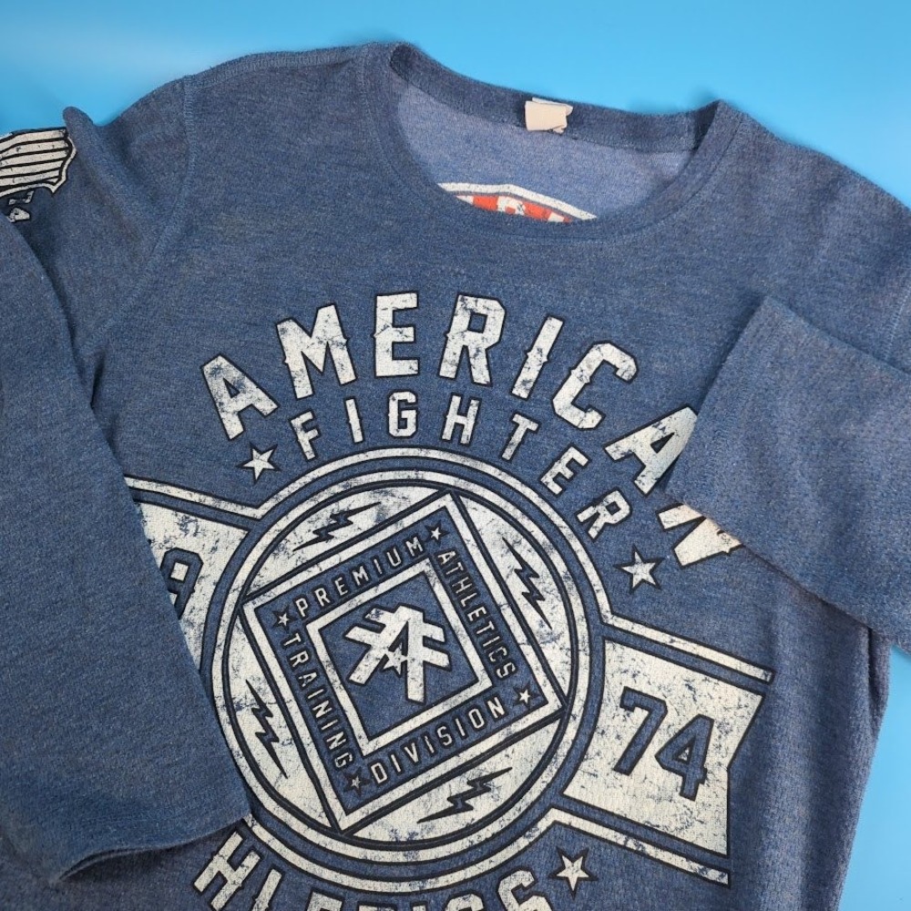 American Fighter Mens Long Sleeve Graphic Shirt Blue Thermal Slim Fit XL